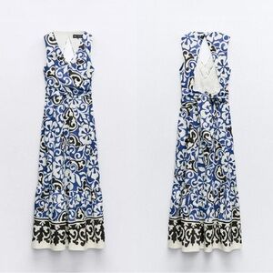 ZARA Blue & Black Floral Midi Maxi Dress w Cut-out Open Back